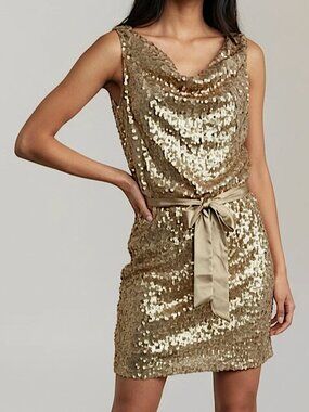 CACHE Draped Neck Sequined Party Dress Sleeveless Belted Gold Cocktail Party